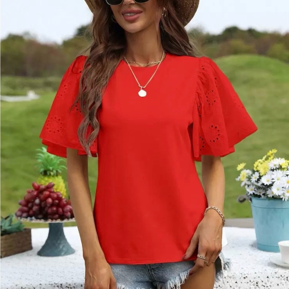 SHEIN Scarlet Eyelet Sleeve Top - Picture 3 of 4
